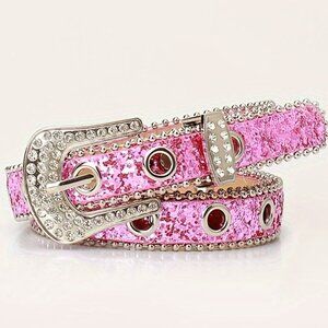 Pink Rhinestone Belt Buckle - Trendy Faux Leather